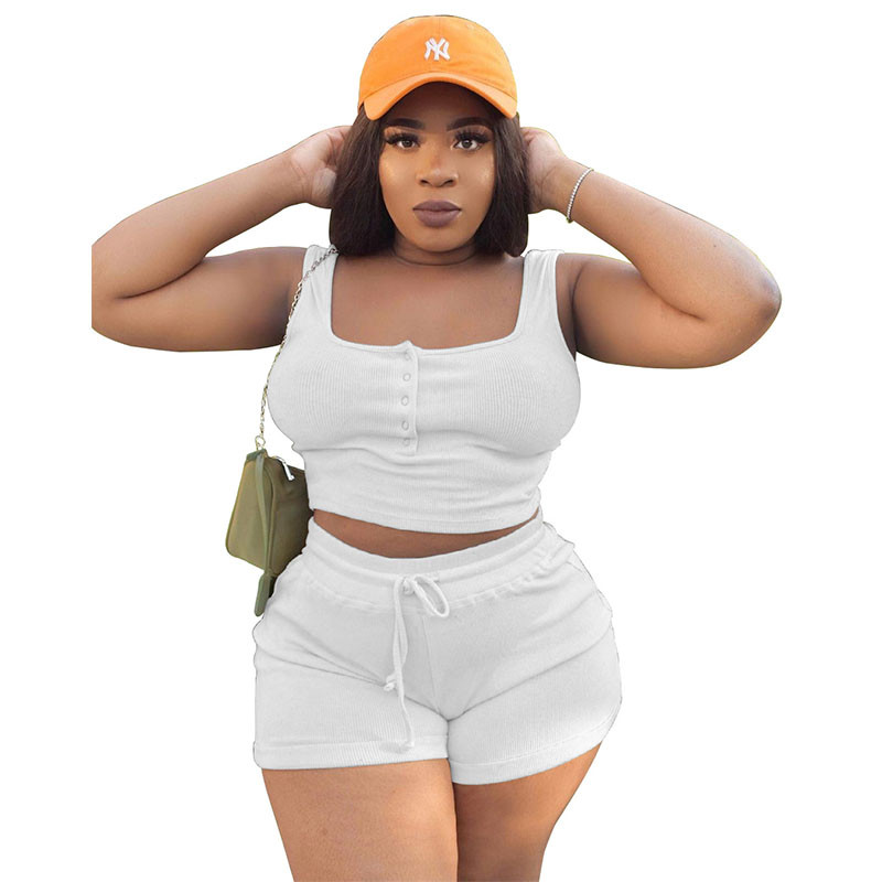 Vasaras sieviešu apģērbu vairumtirdzniecība Crop topi un šorti, divu daļu ikdienas treniņtērpa rievoti tērpi Liela izmēra komplekti Dropshipping