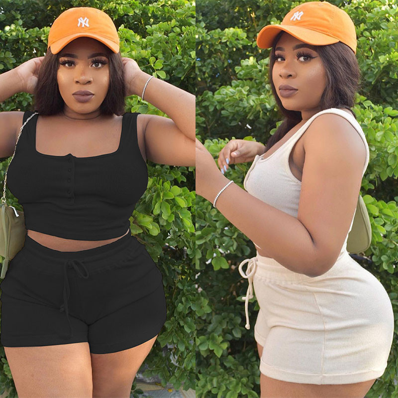 Vasaras sieviešu apģērbu vairumtirdzniecība Crop topi un šorti, divu daļu ikdienas treniņtērpa rievoti tērpi Liela izmēra komplekti Dropshipping
