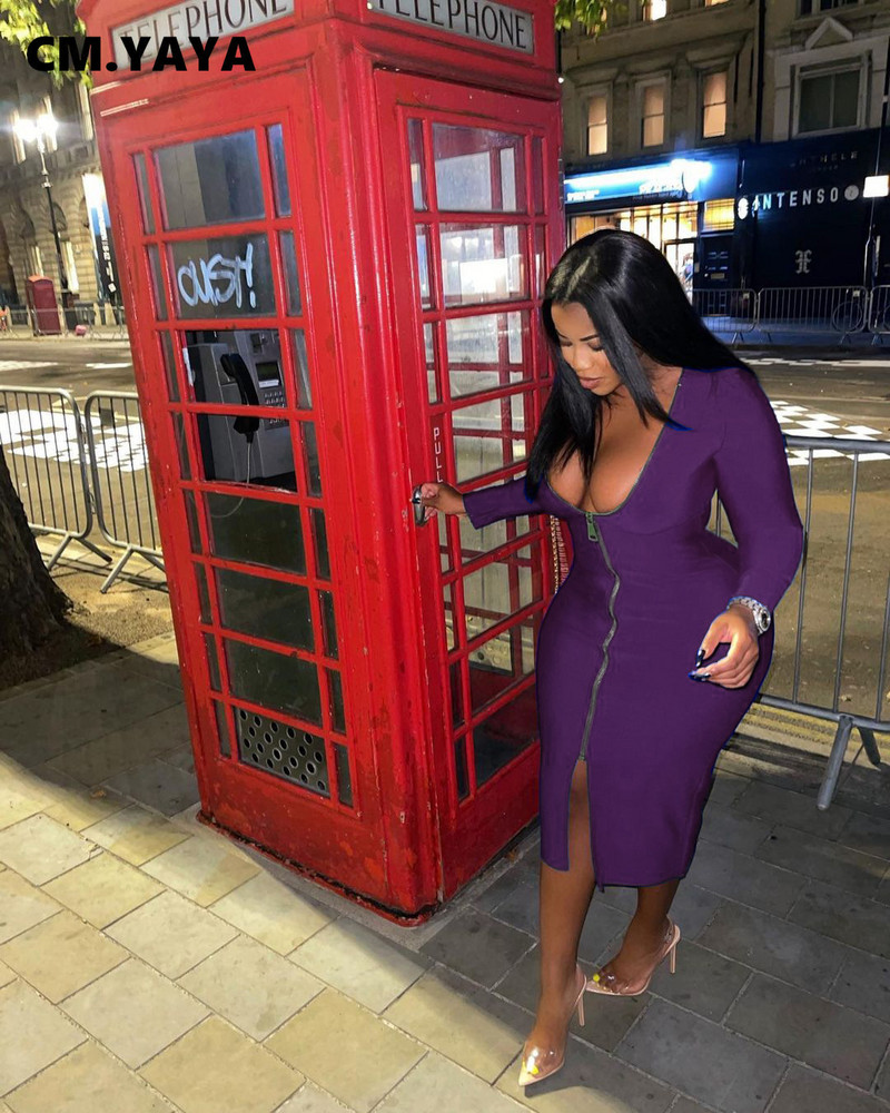 CM.YAYA Liela izmēra sievietēm ar dziļu V veida kakla izgriezumu, garām piedurknēm ar rāvējslēdzēju, priekšpusē, šķēlumu, Bodycon Midi kleita, seksīga kluba zīmuļu ballīšu nakts kleitas