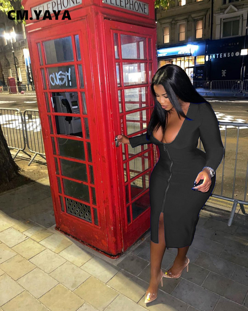 CM.YAYA Liela izmēra sievietēm ar dziļu V veida kakla izgriezumu, garām piedurknēm ar rāvējslēdzēju, priekšpusē, šķēlumu, Bodycon Midi kleita, seksīga kluba zīmuļu ballīšu nakts kleitas