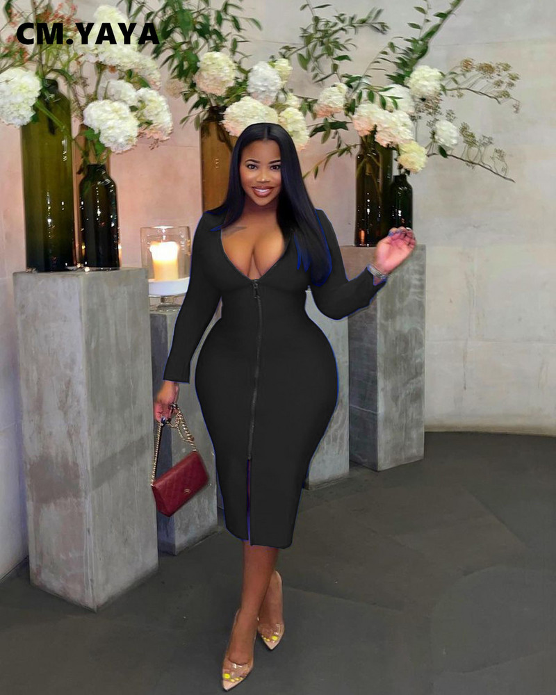 CM.YAYA Liela izmēra sievietēm ar dziļu V veida kakla izgriezumu, garām piedurknēm ar rāvējslēdzēju, priekšpusē, šķēlumu, Bodycon Midi kleita, seksīga kluba zīmuļu ballīšu nakts kleitas