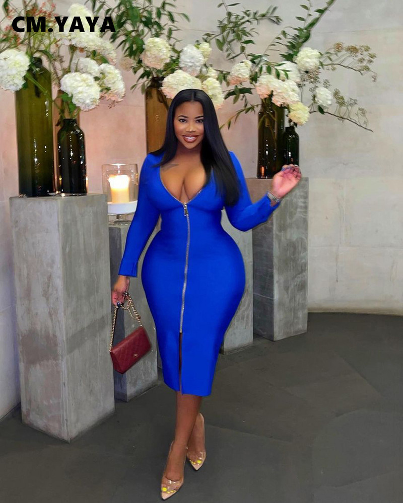 CM.YAYA Liela izmēra sievietēm ar dziļu V veida kakla izgriezumu, garām piedurknēm ar rāvējslēdzēju, priekšpusē, šķēlumu, Bodycon Midi kleita, seksīga kluba zīmuļu ballīšu nakts kleitas