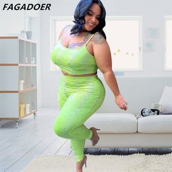 FAGADOER Πράσινο XL-5XL Plus Size Two Piece Σετ Γυναικείο λουράκι Αμάνικο Crop Top και Skinny Παντελόνι Sexy Fashion Club Party Ρούχα