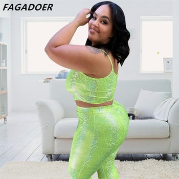 FAGADOER Πράσινο XL-5XL Plus Size Two Piece Σετ Γυναικείο λουράκι Αμάνικο Crop Top και Skinny Παντελόνι Sexy Fashion Club Party Ρούχα