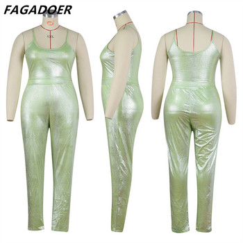 FAGADOER Πράσινο XL-5XL Plus Size Two Piece Σετ Γυναικείο λουράκι Αμάνικο Crop Top και Skinny Παντελόνι Sexy Fashion Club Party Ρούχα