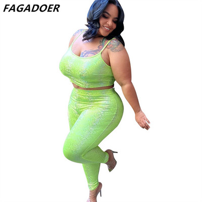 FAGADOER Green XL-5XL Liela izmēra divdaļīgie komplekti Sieviešu siksniņa bez piedurknēm Crop Tops un šauras bikses Seksīgs modes klubu ballīšu apģērbs