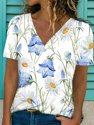 Nyári Virág Virágos 3D Nyomtatott Pólók Vintage Női Utcai Ruha V-nyakú póló Y2k Harajuku Túlméretes felsők Pólók Női Ruházat