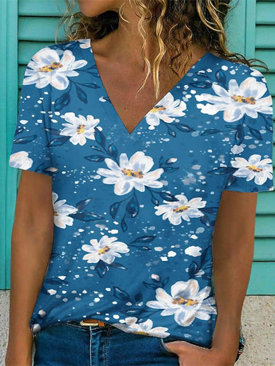 Nyári Virág Virágos 3D Nyomtatott Pólók Vintage Női Utcai Ruha V-nyakú póló Y2k Harajuku Túlméretes felsők Pólók Női Ruházat