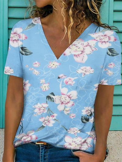 Nyári Virág Virágos 3D Nyomtatott Pólók Vintage Női Utcai Ruha V-nyakú póló Y2k Harajuku Túlméretes felsők Pólók Női Ruházat