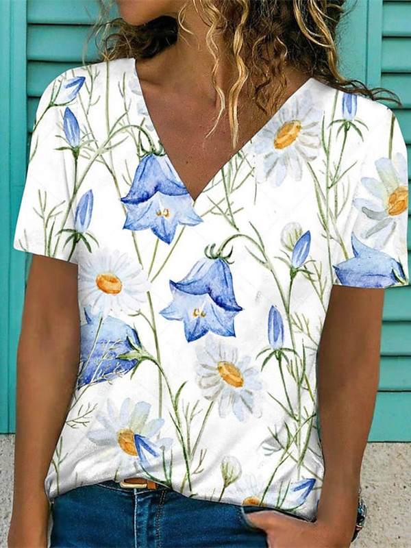 Nyári Virág Virágos 3D Nyomtatott Pólók Vintage Női Utcai Ruha V-nyakú póló Y2k Harajuku Túlméretes felsők Pólók Női Ruházat