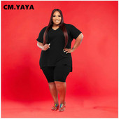 CM.YAYA Plus Size XL-5XL Σετ 2 τεμαχίων Γυναικεία ενεργή αθλητική φόρμα T-shirt με λαιμόκοψη σε V + παντελόνι μέχρι το γόνατο σετ μόδας