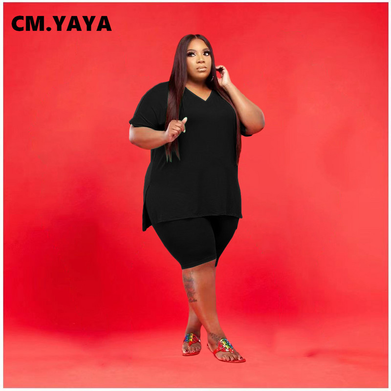 CM.YAYA Plus Size XL-5XL Σετ 2 τεμαχίων Γυναικεία ενεργή αθλητική φόρμα T-shirt με λαιμόκοψη σε V + παντελόνι μέχρι το γόνατο σετ μόδας