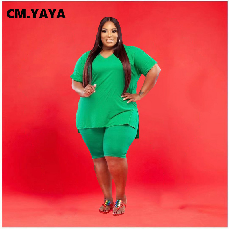 CM.YAYA Plus Size XL-5XL Σετ 2 τεμαχίων Γυναικεία ενεργή αθλητική φόρμα T-shirt με λαιμόκοψη σε V + παντελόνι μέχρι το γόνατο σετ μόδας