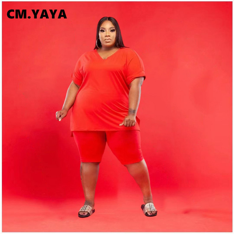 CM.YAYA Plus Size XL-5XL Σετ 2 τεμαχίων Γυναικεία ενεργή αθλητική φόρμα T-shirt με λαιμόκοψη σε V + παντελόνι μέχρι το γόνατο σετ μόδας