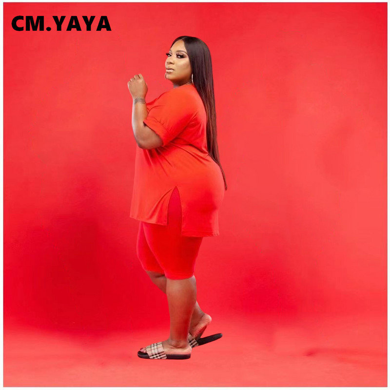 CM.YAYA Plus Size XL-5XL Σετ 2 τεμαχίων Γυναικεία ενεργή αθλητική φόρμα T-shirt με λαιμόκοψη σε V + παντελόνι μέχρι το γόνατο σετ μόδας