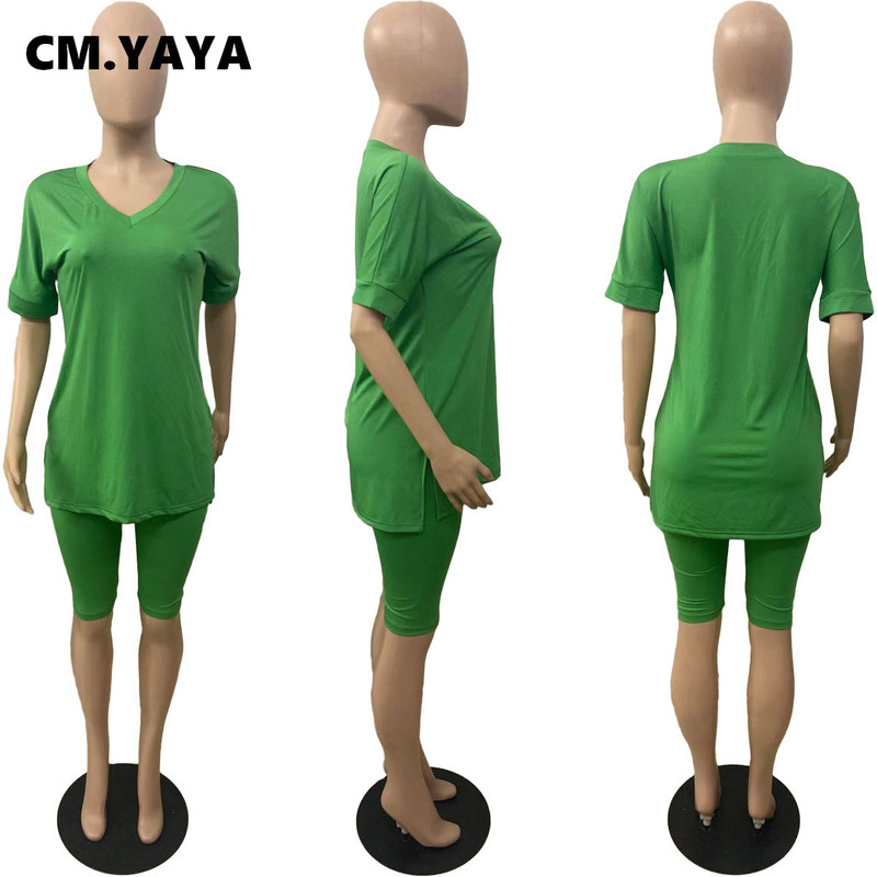 CM.YAYA Plus Size XL-5XL Σετ 2 τεμαχίων Γυναικεία ενεργή αθλητική φόρμα T-shirt με λαιμόκοψη σε V + παντελόνι μέχρι το γόνατο σετ μόδας