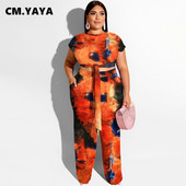 CM.YAYA Γυναικείο σετ Plus Size Σετ γραβάτα Dye κοντό μανίκι επίδεσμος Crop Tops Τσέπες Παντελόνι Δύο Σετ 2 τεμαχίων Φόρμες καλοκαιρινές στολές 2021