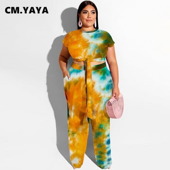 CM.YAYA Γυναικείο σετ Plus Size Σετ γραβάτα Dye κοντό μανίκι επίδεσμος Crop Tops Τσέπες Παντελόνι Δύο Σετ 2 τεμαχίων Φόρμες καλοκαιρινές στολές 2021