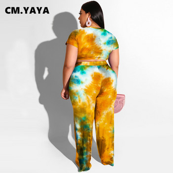 CM.YAYA Γυναικείο σετ Plus Size Σετ γραβάτα Dye κοντό μανίκι επίδεσμος Crop Tops Τσέπες Παντελόνι Δύο Σετ 2 τεμαχίων Φόρμες καλοκαιρινές στολές 2021