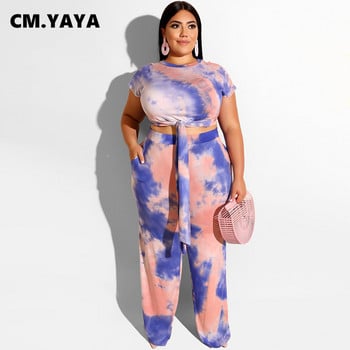 CM.YAYA Γυναικείο σετ Plus Size Σετ γραβάτα Dye κοντό μανίκι επίδεσμος Crop Tops Τσέπες Παντελόνι Δύο Σετ 2 τεμαχίων Φόρμες καλοκαιρινές στολές 2021