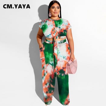 CM.YAYA Γυναικείο σετ Plus Size Σετ γραβάτα Dye κοντό μανίκι επίδεσμος Crop Tops Τσέπες Παντελόνι Δύο Σετ 2 τεμαχίων Φόρμες καλοκαιρινές στολές 2021