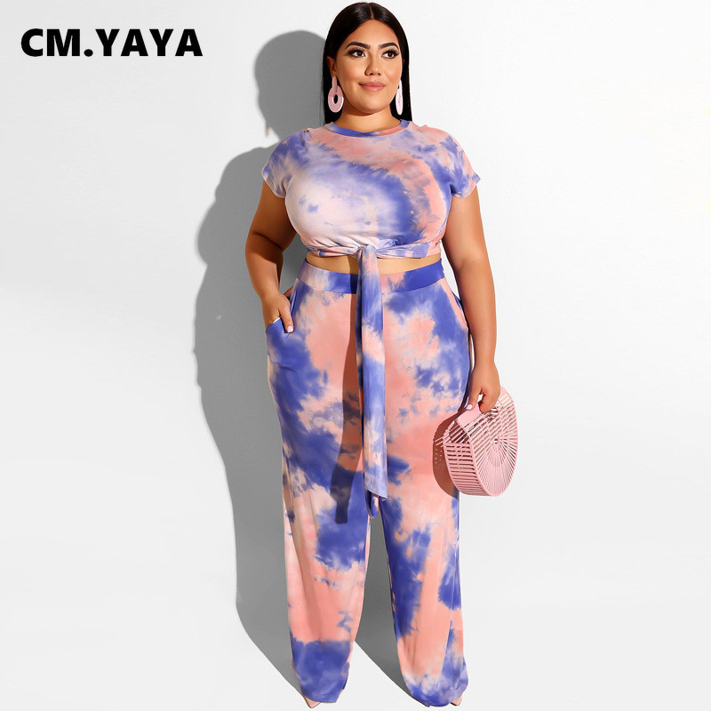 CM.YAYA Γυναικείο σετ Plus Size Σετ γραβάτα Dye κοντό μανίκι επίδεσμος Crop Tops Τσέπες Παντελόνι Δύο Σετ 2 τεμαχίων Φόρμες καλοκαιρινές στολές 2021