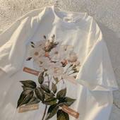 DAYIFUN Liela izmēra vintage T-krekls Sieviešu Ziedi Apdruka Kokvilnas Top T-krekli Brīvi Īsām piedurknēm Lielizmēra Balts Unisex T-krekls Vasaras