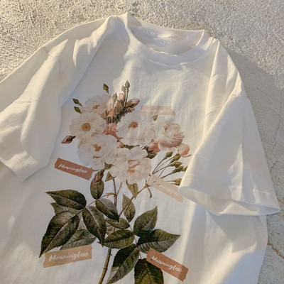 DAYIFUN Liela izmēra vintage T-krekls Sieviešu Ziedi Apdruka Kokvilnas Top T-krekli Brīvi Īsām piedurknēm Lielizmēra Balts Unisex T-krekls Vasaras