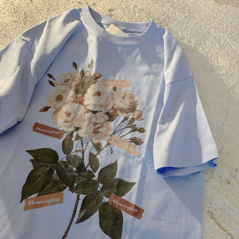 DAYIFUN Liela izmēra vintage T-krekls Sieviešu Ziedi Apdruka Kokvilnas Top T-krekli Brīvi Īsām piedurknēm Lielizmēra Balts Unisex T-krekls Vasaras