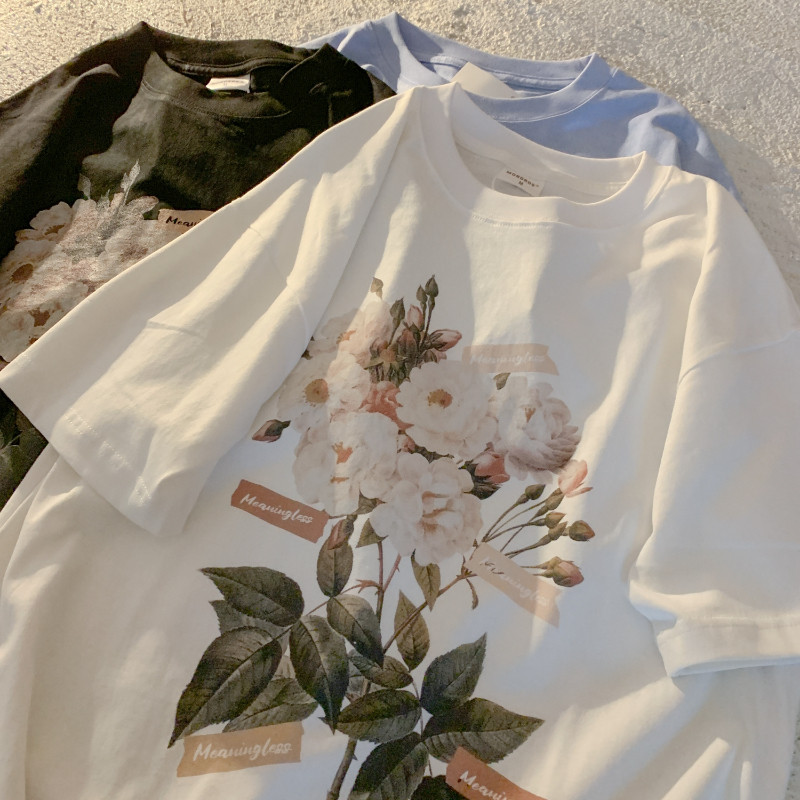 DAYIFUN Liela izmēra vintage T-krekls Sieviešu Ziedi Apdruka Kokvilnas Top T-krekli Brīvi Īsām piedurknēm Lielizmēra Balts Unisex T-krekls Vasaras