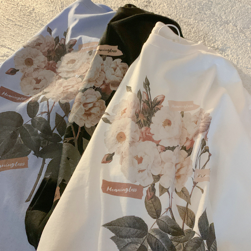 DAYIFUN Liela izmēra vintage T-krekls Sieviešu Ziedi Apdruka Kokvilnas Top T-krekli Brīvi Īsām piedurknēm Lielizmēra Balts Unisex T-krekls Vasaras