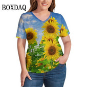 Saulespuķu apdrukas T-krekli Sunflower Field V kakla moderns T krekls ar īsām piedurknēm Sieviešu kreklu raksta T-krekli Liela izmēra 4XL 5XL