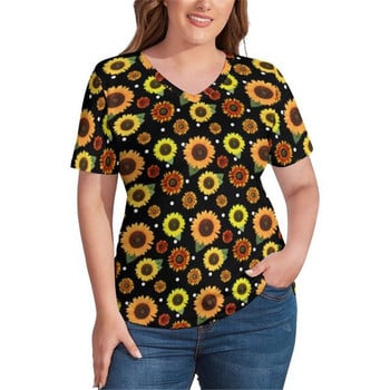 Sunflower print T-shirts Sunflower Field V Neck Trendy T-shirt κοντομάνικο Lady Pretty T-shirt Pattern Tees Plus Size 4XL 5XL