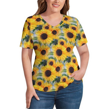 Sunflower print T-shirts Sunflower Field V Neck Trendy T-shirt κοντομάνικο Lady Pretty T-shirt Pattern Tees Plus Size 4XL 5XL