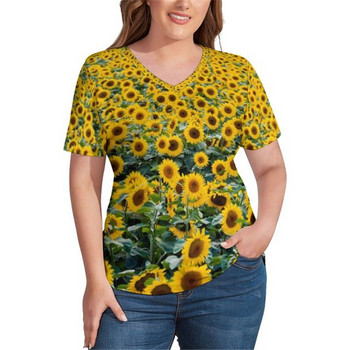 Sunflower print T-shirts Sunflower Field V Neck Trendy T-shirt κοντομάνικο Lady Pretty T-shirt Pattern Tees Plus Size 4XL 5XL