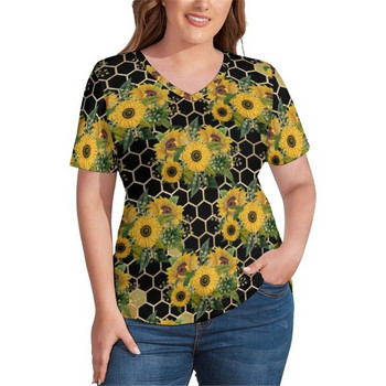 Sunflower print T-shirts Sunflower Field V Neck Trendy T-shirt κοντομάνικο Lady Pretty T-shirt Pattern Tees Plus Size 4XL 5XL