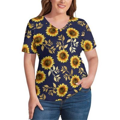 Saulespuķu apdrukas T-krekli Sunflower Field V kakla moderns T krekls ar īsām piedurknēm Sieviešu kreklu raksta T-krekli Liela izmēra 4XL 5XL