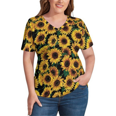 Saulespuķu apdrukas T-krekli Sunflower Field V kakla moderns T krekls ar īsām piedurknēm Sieviešu kreklu raksta T-krekli Liela izmēra 4XL 5XL