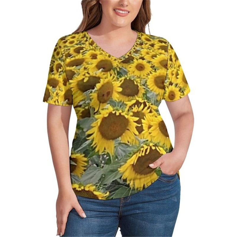Saulespuķu apdrukas T-krekli Sunflower Field V kakla moderns T krekls ar īsām piedurknēm Sieviešu kreklu raksta T-krekli Liela izmēra 4XL 5XL