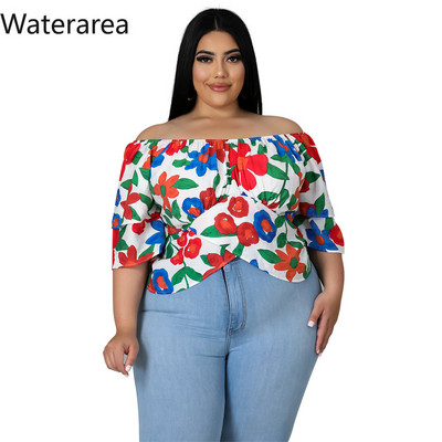 Waterarea Lielizmēra Sweet Puķu drukas sieviešu T-krekls Sexy Slash Neck Slim Tee Top Mode Ikdienas sieviešu T-kreklu Tops Jauns pavasaris