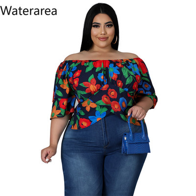 Waterarea Lielizmēra Sweet Puķu drukas sieviešu T-krekls Sexy Slash Neck Slim Tee Top Mode Ikdienas sieviešu T-kreklu Tops Jauns pavasaris