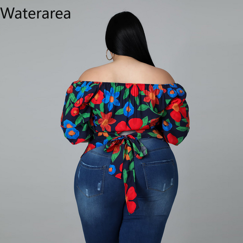 Waterarea Lielizmēra Sweet Puķu drukas sieviešu T-krekls Sexy Slash Neck Slim Tee Top Mode Ikdienas sieviešu T-kreklu Tops Jauns pavasaris