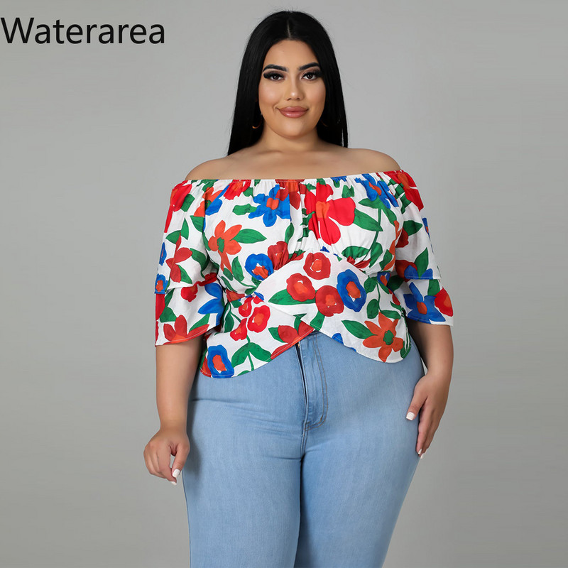 Waterarea Lielizmēra Sweet Puķu drukas sieviešu T-krekls Sexy Slash Neck Slim Tee Top Mode Ikdienas sieviešu T-kreklu Tops Jauns pavasaris