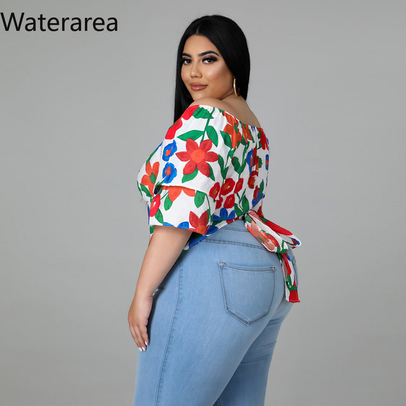 Waterarea Lielizmēra Sweet Puķu drukas sieviešu T-krekls Sexy Slash Neck Slim Tee Top Mode Ikdienas sieviešu T-kreklu Tops Jauns pavasaris
