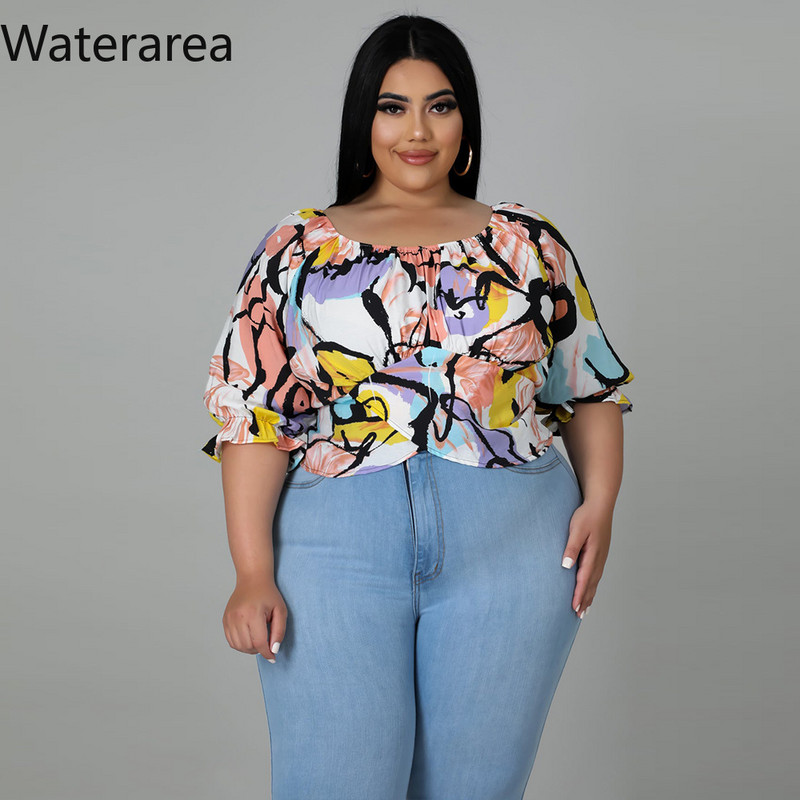 Waterarea Lielizmēra Sweet Puķu drukas sieviešu T-krekls Sexy Slash Neck Slim Tee Top Mode Ikdienas sieviešu T-kreklu Tops Jauns pavasaris