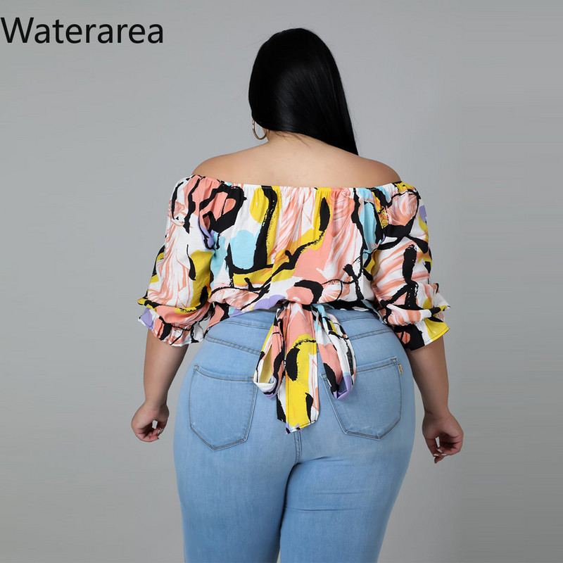 Waterarea Lielizmēra Sweet Puķu drukas sieviešu T-krekls Sexy Slash Neck Slim Tee Top Mode Ikdienas sieviešu T-kreklu Tops Jauns pavasaris