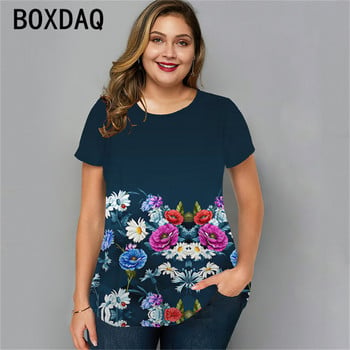 Vintage Floral Casual T-Shrit Plus Size Γυναικεία κοντομάνικη μπλούζα 2023 Νέα κομψή γυναικεία καλοκαιρινή μπλούζα με φαρδιά μπλούζα με λαιμόκοψη