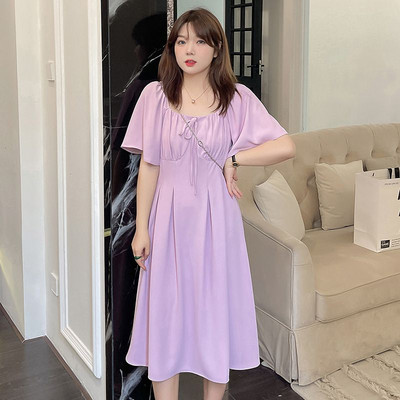 Vienkāršības kvadrātveida apkakles pulovers Sieviešu korejiešu kroku mežģīņu vasaras drēbes purpursarkanas īsām piedurknēm lielizmēra Midi A līnijas kleitas