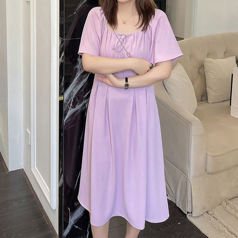 Vienkāršības kvadrātveida apkakles pulovers Sieviešu korejiešu kroku mežģīņu vasaras drēbes purpursarkanas īsām piedurknēm lielizmēra Midi A līnijas kleitas