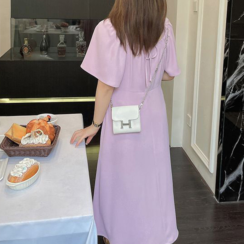 Vienkāršības kvadrātveida apkakles pulovers Sieviešu korejiešu kroku mežģīņu vasaras drēbes purpursarkanas īsām piedurknēm lielizmēra Midi A līnijas kleitas